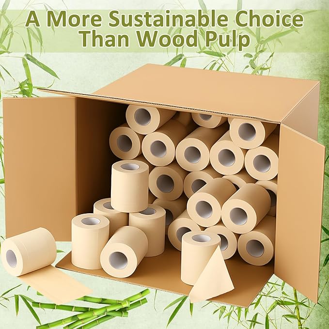 Bamboo Toilet Paper, 4 Ply 60 Rolls, Unbleached, Strong & Soft Toilet Tissue Bulk, Chemical Free Bathroom Tissue Rolls