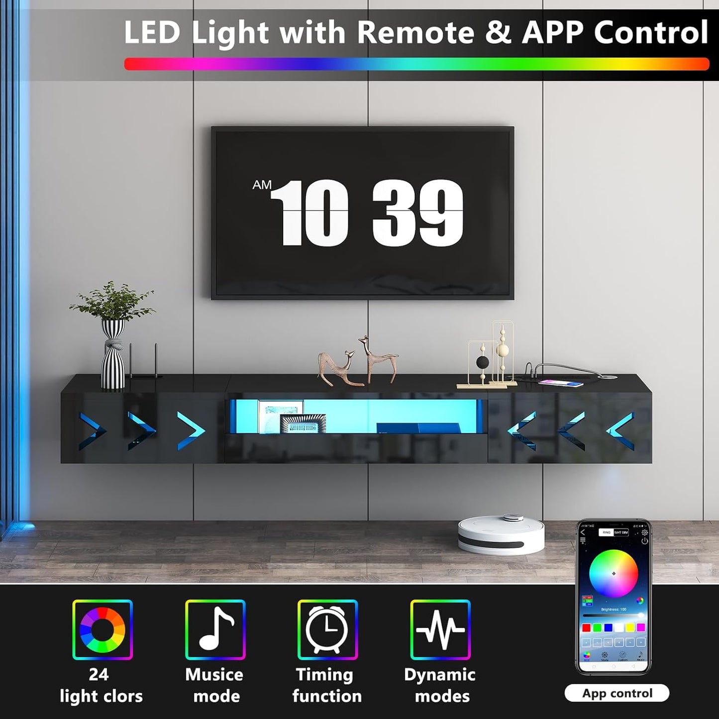 Floating TV Stand, 71" Floating Entertainment Center Wall Mounted,Floating Wall Mounted TV Shelf with Led Lights and Power Outlet,Modern High Gloss tv Cabinet Media Console with Storage