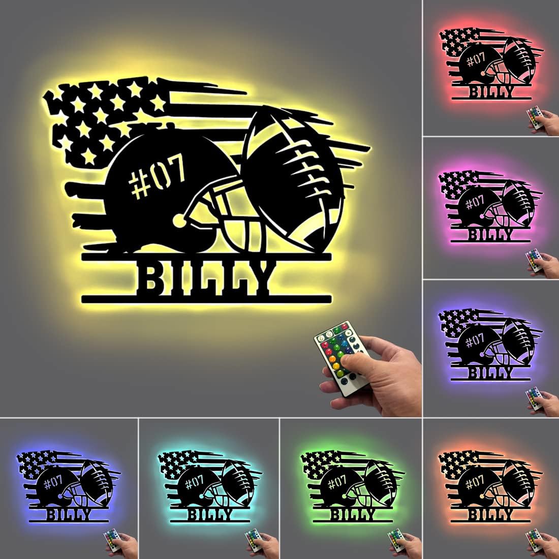 Personalized Name 7 Colors Football lamp Custom Wall Art Night Light LED Name Sign Gift for Boys Men Girls (G-Football)