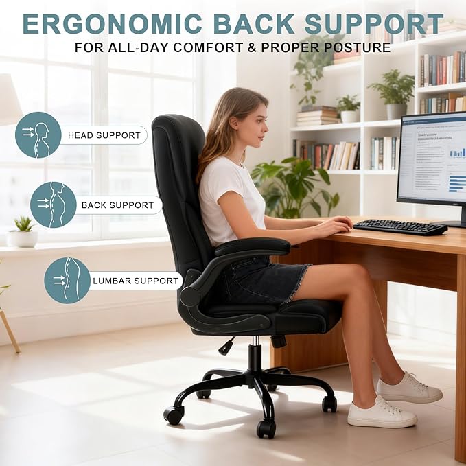 Executive Office Chair,High Back Ergonomic Comfy Desk Chair with Padded Flip-up Armrests and Wheels,PU Leather Heavy Duty Computer Swivel Rolling Task Chair for Home Office,Adults,White