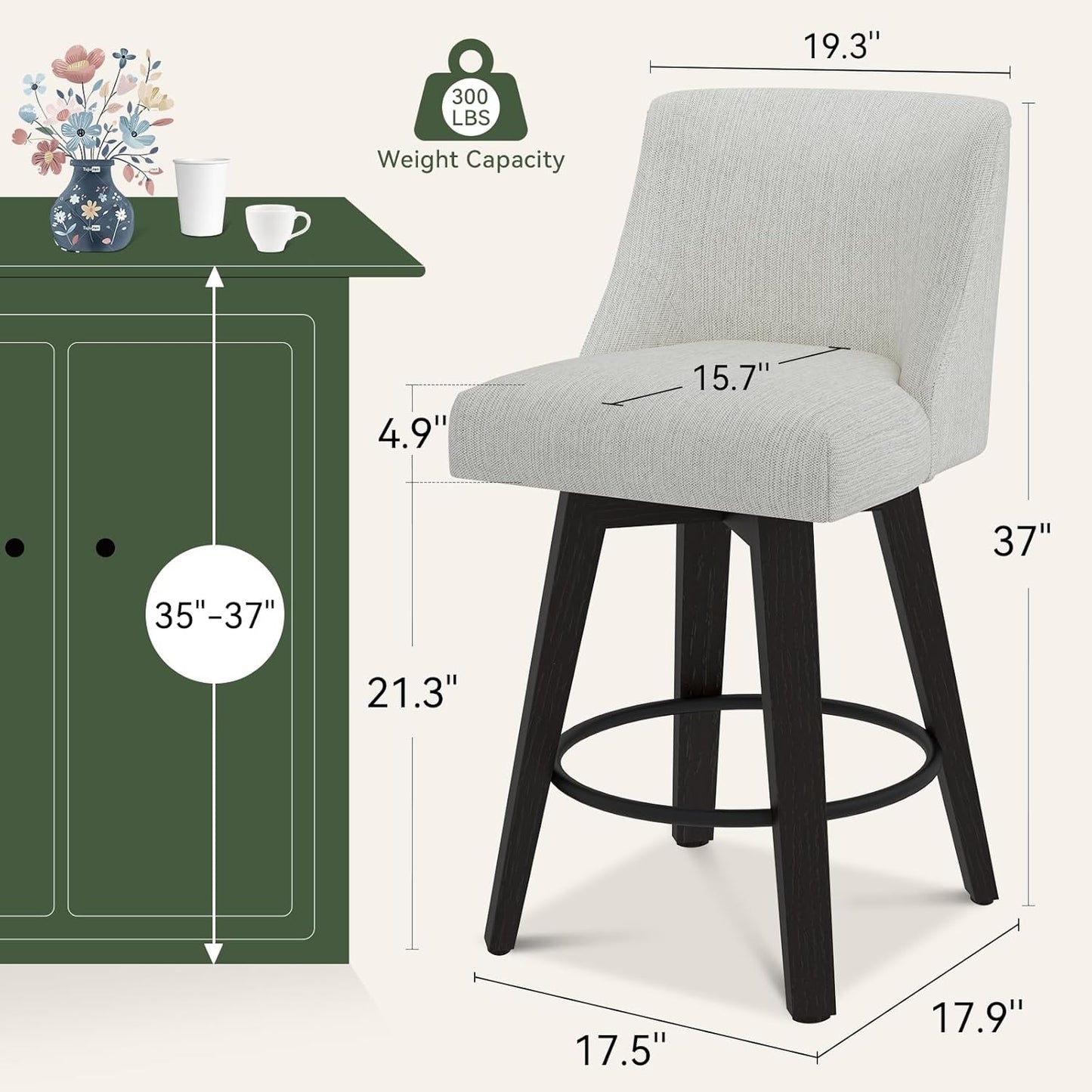 Vipbear Swivel Counter Height Bar Stools Set of 4,26.8" H Counter Stools with Back, Mid Century Modern Bar Stools for Kitchen Island,Linen Fabric,Wooden Base, White
