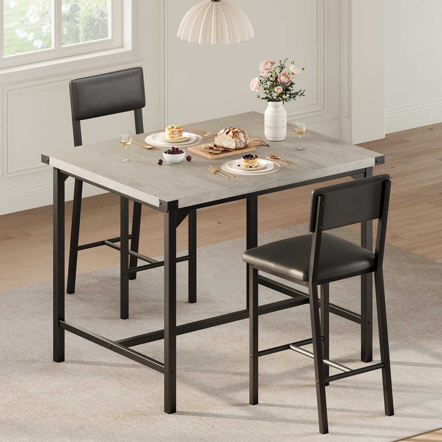 IDEALHOUSE Dining Table Set for 2 w/Counter Height Table & 2 Upholstered Bar Stools, 3-Piece Kitchen Table Set with Footrest & Corner Protector, for Kitchen Room, Apartment, Pub