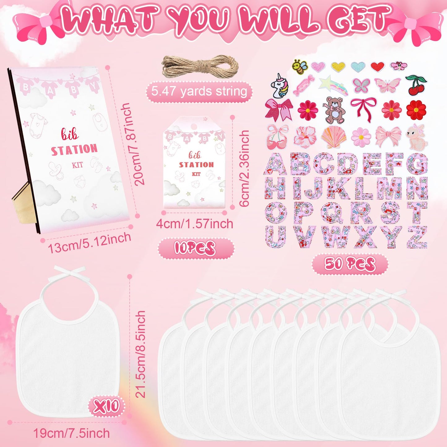 Jiuguva 72 Pcs DIY Bib Decorating Kit Baby Shower Games Set 10 DIY Blank White Bibs 50 Pink Iron on Patches Baby Shower Activity Kit for Gender Reveal Party Supplies