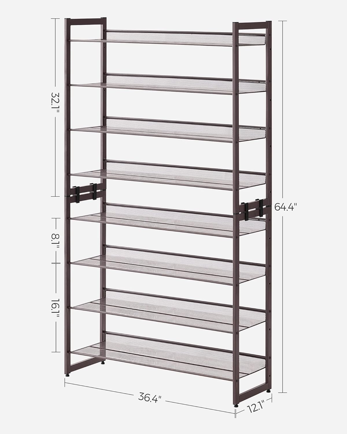SONGMICS Shoe Rack, 8-Tier Shoe Organizer, Metal Rack for Garage, Set of 2, 4-Tier Stackable Shelf, with Adjustable Flat or Angled Shelves, 32-40 Pairs, Bronze ULMR08A