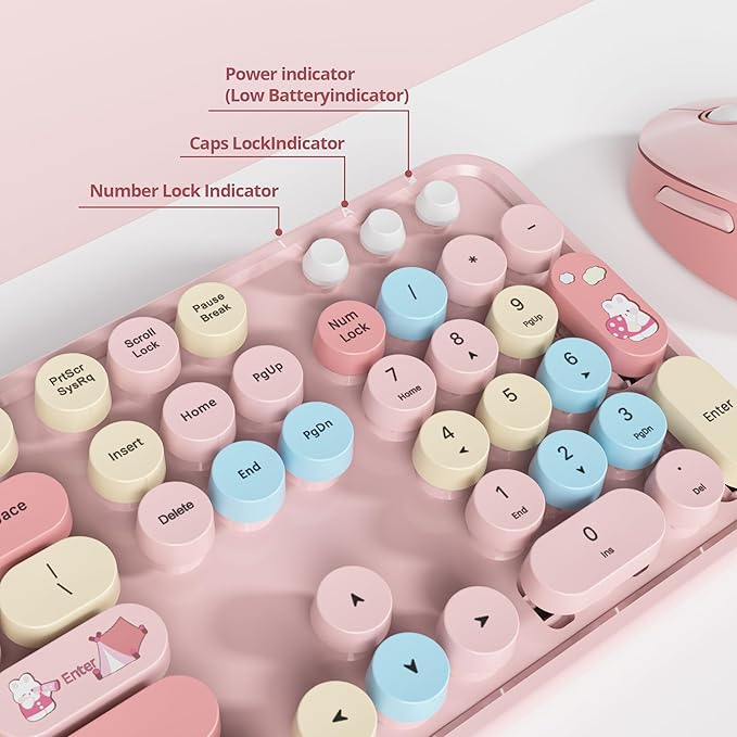 Owpkeenthy Pink Keyboard and Mouse Wireless, Cute Colorful Typewriter Keyboard Full-Sized with Number Pad Round Keycaps for Desktop, Laptop and Computer(Coloful Pink)