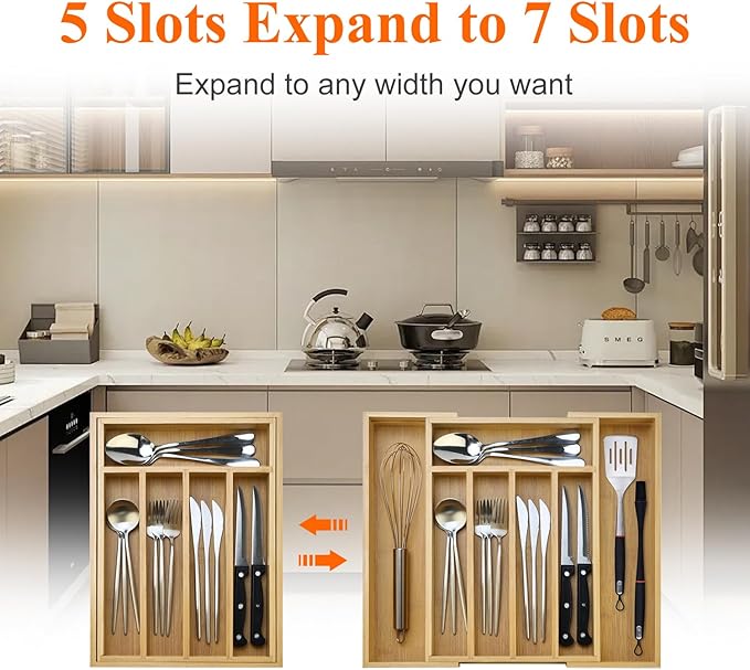 Bamboo Silverware Drawer Organizer Expandable Large Kitchen Utensil Holder Drawer Divider Organizers Storage Adjustable Cutlery Silverware Tray Wooden Spoon Holder Flatware Organizer Trays