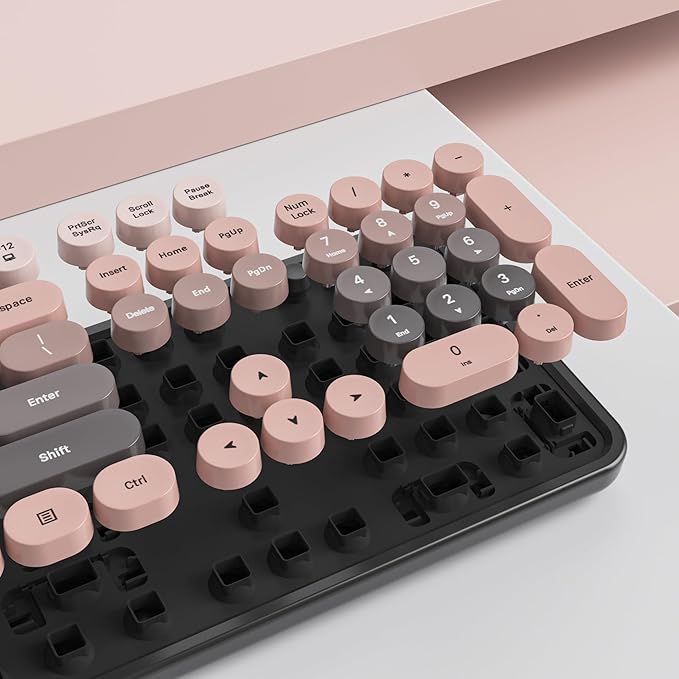 Owpkeenthy Retro Keyboard and Mouse Wireless, Cute Colorful Keyboard with Retro Typewriter Style Full-Sized with Number Pad Round Keys for Desktop, Laptop and Computerr (Gradient Heimei)
