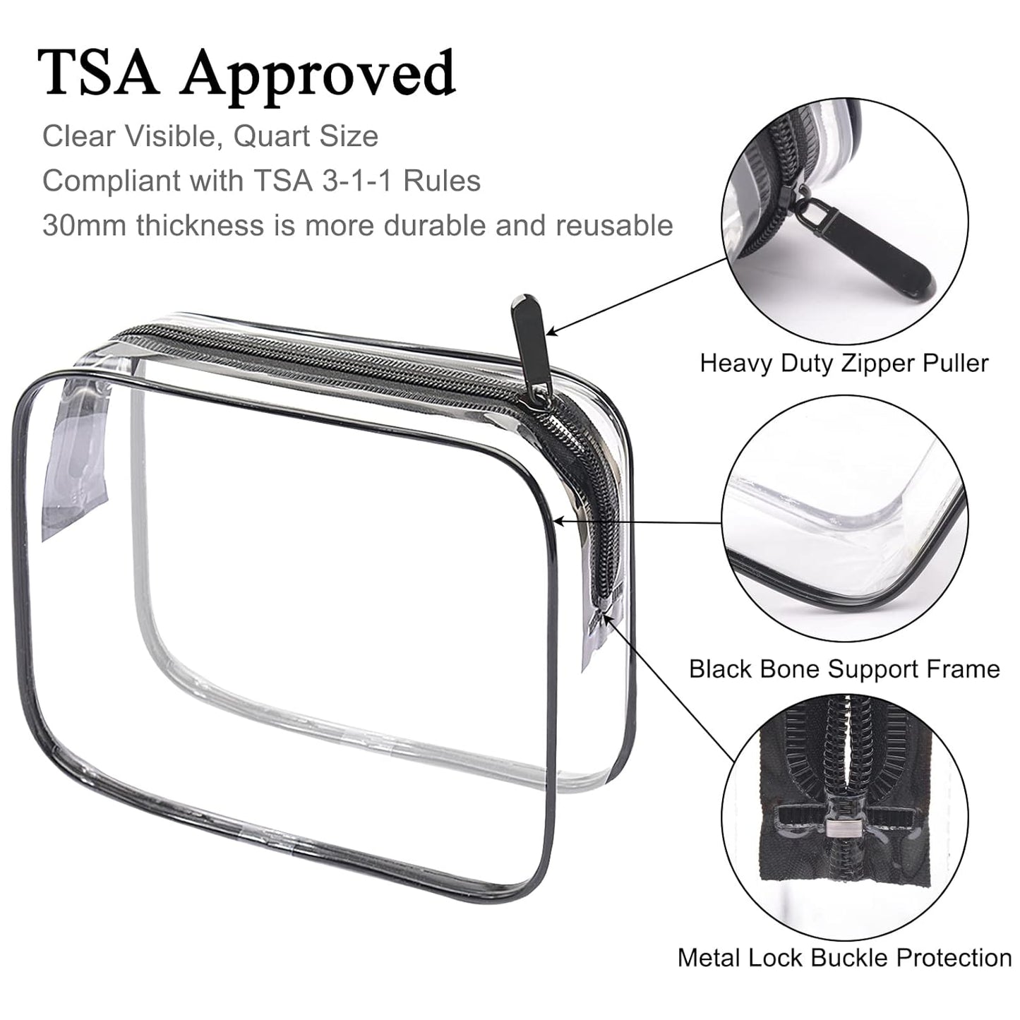 Lermende 2pcs Clear Toiletry Bag TSA Approved Travel Bag,Carry On for Travel,Airport Airline Accessories Compliant Bag,Quart Sized Makeup Cosmetic bag Women Men (Transparent Black, 2 Pack)