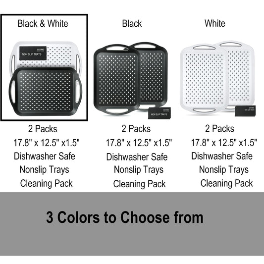 Large Anti-Slip Serving Tray with Handles, Dual Rubber Grippy Lap Food Trays for Eating, Dinning, Breakfast, on Couch/TV, Black & White - Set of 2