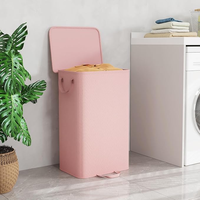 Lifewit Laundry Hamper with Lid and Removable Laundry Bag, Large Collapsible 1 Divider Dirty Clothes Basket with Handles for Bedroom, Laundry Room, Closet, Bathroom, College, 100L Pink