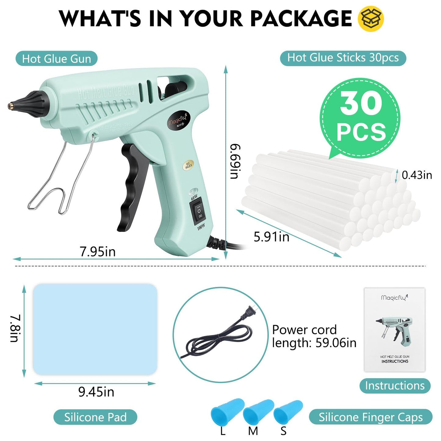 Magicfly 60/100W Hot Glue Gun Full Size with 30 Pcs Hot Glue Sticks (0.43 X 5.9 inch), Dual Power High Temp Melt Glue Gun Kit with Finger Caps, Mat for Arts Craft, Household, Green