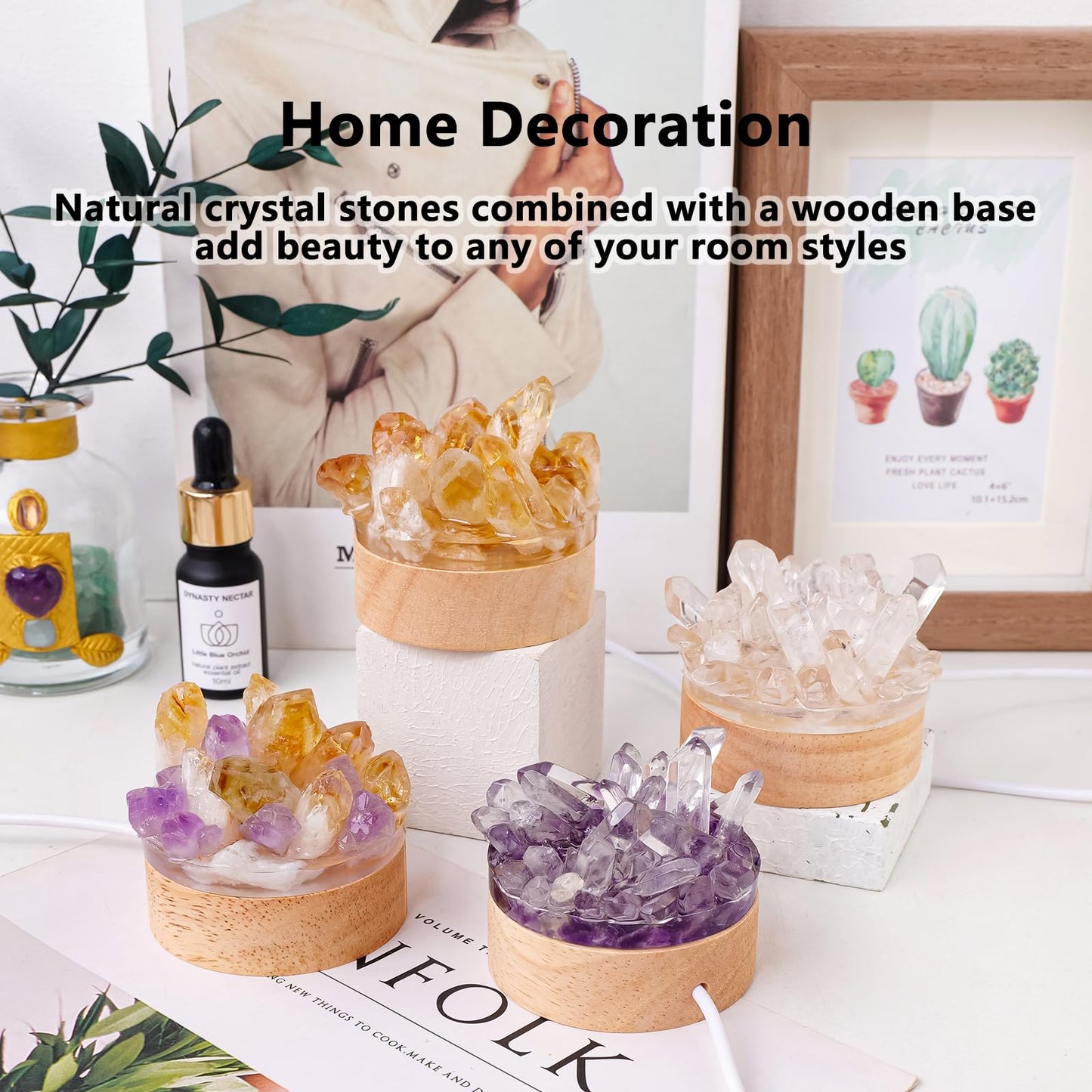 Runyangshi Natural Crystal Night Lamp Bedroom Bedside Sleep Night Light Clear Healing Crystal + Amethyst Gemstone Quartz Ambient Light USB Powered Night Decoration Desktop Ornament for Home Decor Gift