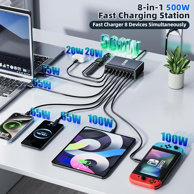 500W Fast Charging 8 Port USB C Charger Block with Nylon Fast Charging Cable, Multi-Device Charging Station Wall Desktop Charger with GaN Ⅲ Technology, USB-C Charger Adapter for MacBook/iPad/iPhone 17