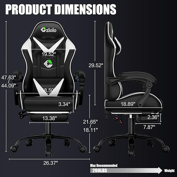 Gaming Chair with Footrest Racing Style Lumbar Support Massager Video Game Chair with Metal Legs, High Back Reclining Gamer Chair with Headrest, 360° Swivel Office Computer Desk Chair (White)
