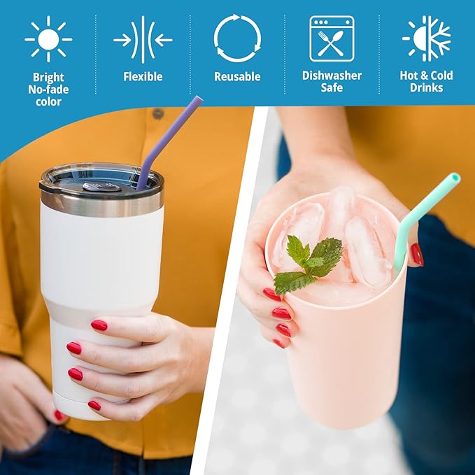 Reusable Silicone Straws - 20 Pack + Cleaning Brush, Dishwasher Safe, Compatible with 30oz & 20oz Tumblers