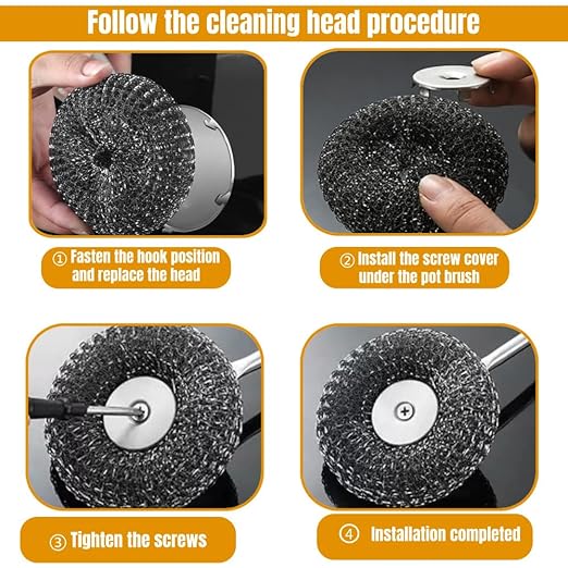 Steel Wool Scrubber with Handle: 7Pcs Stainless Steel Scrubber Brush Set – 1 Long Brushes,1 Short Brushes,4 Replaceable Pads,1 Screwdriver for Home Cooks,BBQ Enthusiasts,Anti-Scratch,for Kitchen