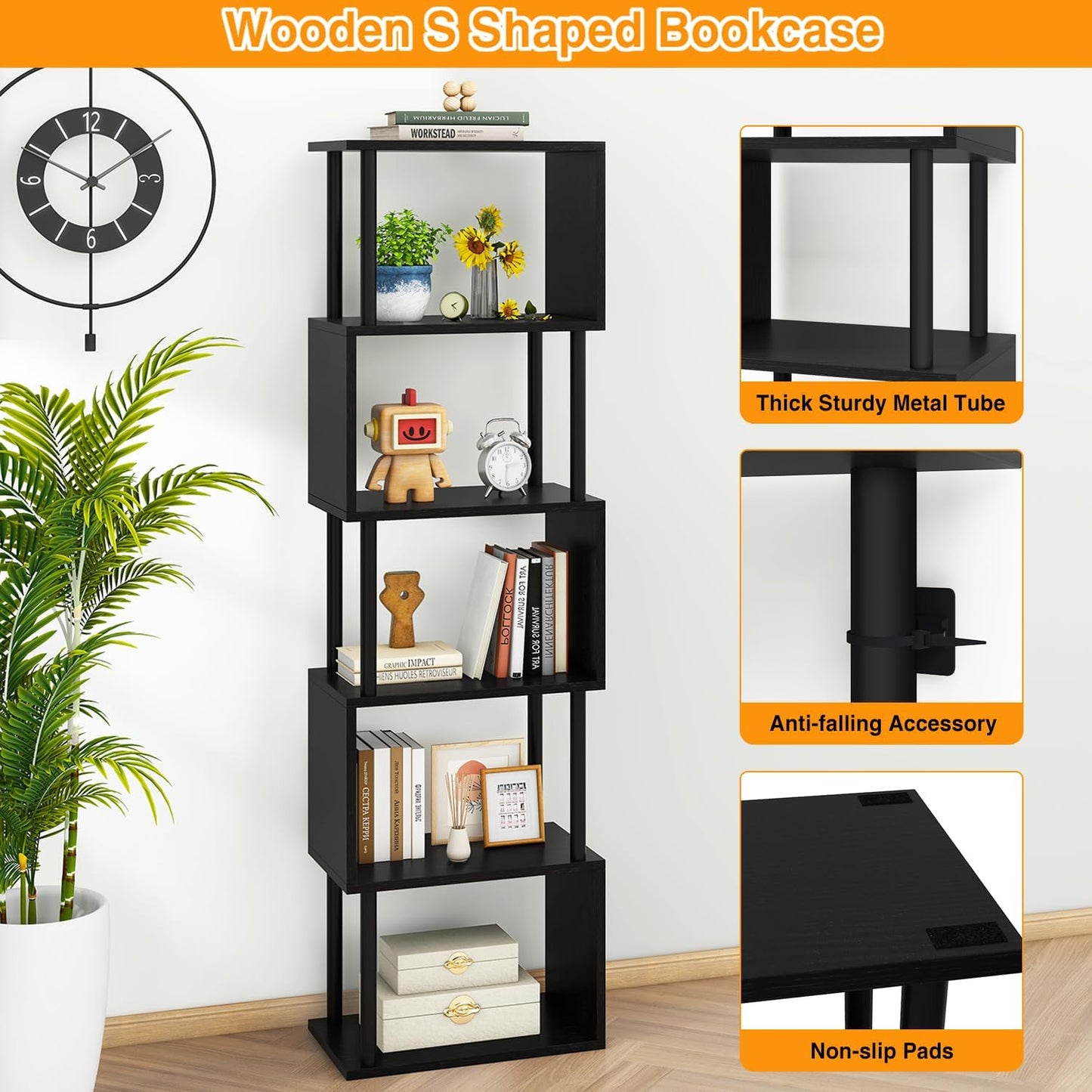 IBUYKE 6-Tier Tall Bookshelf,S-Shaped Geometric Bookcase, Wood Display Shelves with Storage,Modern Bookshelf for Living Room Bedroom, Home Office, Black WBC016B