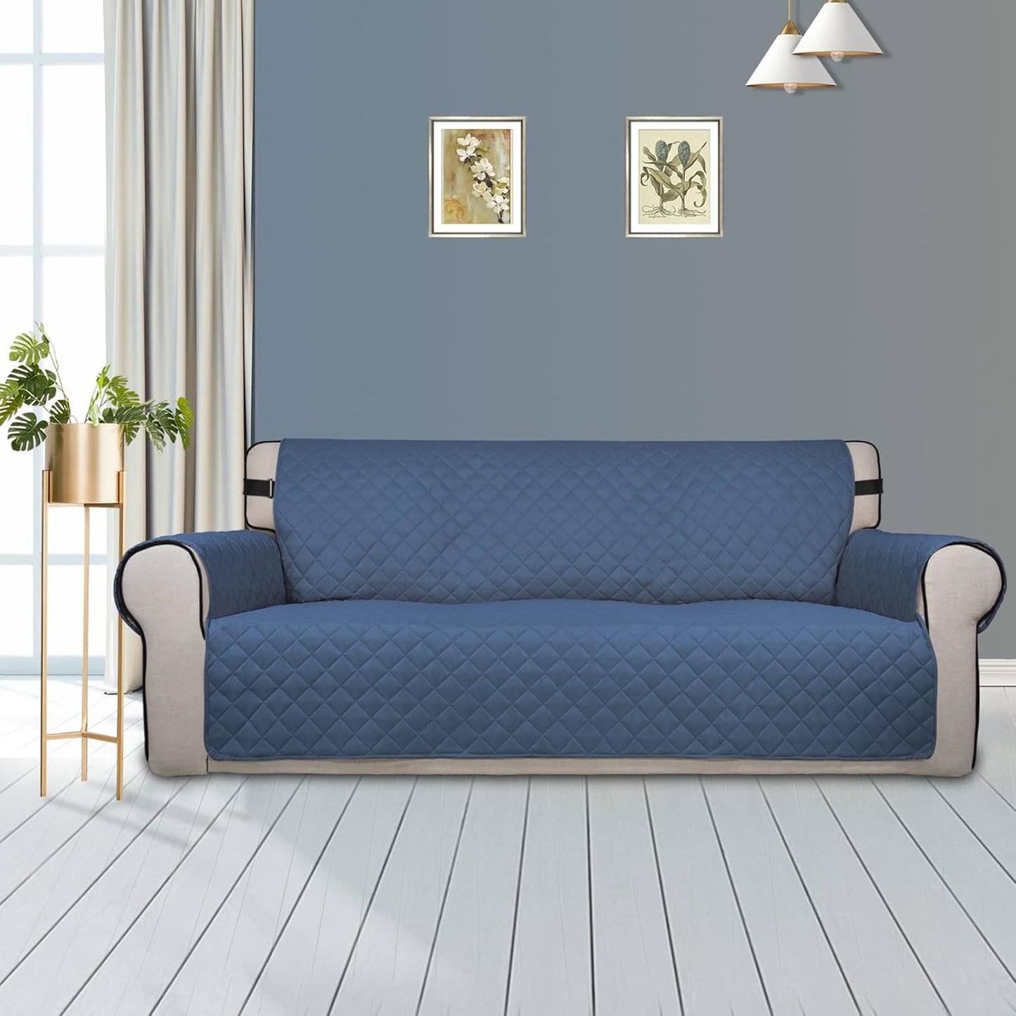 PureFit Reversible Sofa Couch Cover Water Resistant Couch Covers for 3 Cushion, Washable Furniture Cover with Non-Slip Foam and Adjustable Strap for Dogs, Pets (Oversized Sofa, Dark Blue/Light Blue)