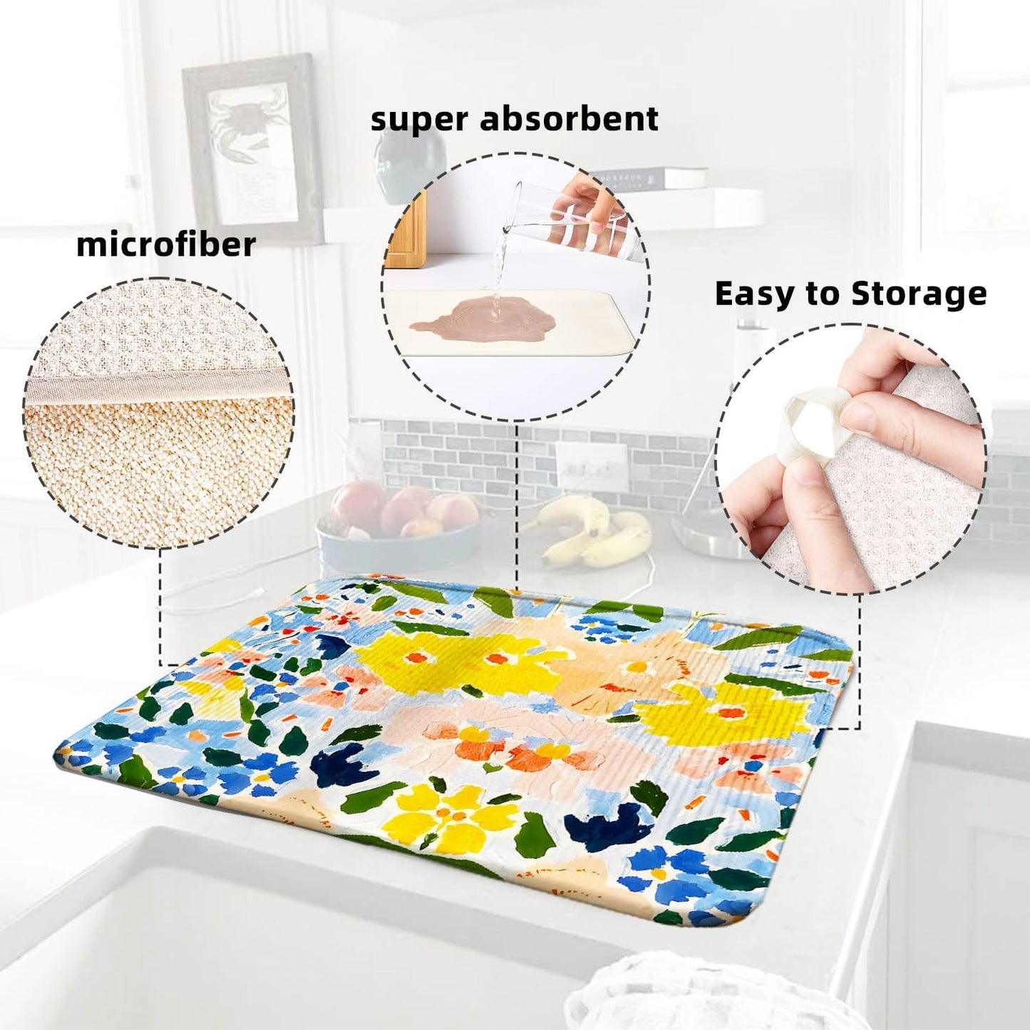 Blue and Yellow Floral Large Dish Drying Mats, Reversible Dish Drying Pads for Kitchen Counter Foldable and Stored in a Drawer,18"x24" Extra Large Draining Mat Protect for Kitchen,Bar Counter