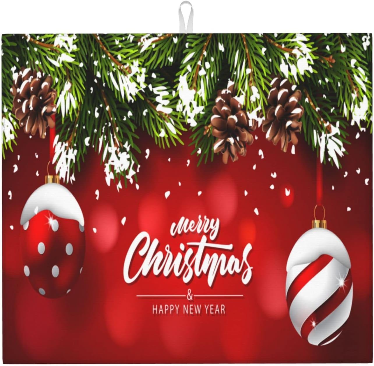 Christmas Dish Drying Mat Red for Kitchen Counter Ball Fir Branch Absorbent 16x18 Inch Microfiber Dishes Protector Dry Draining Pad Reversible Washable…