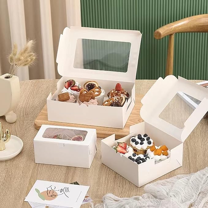 50-Set Cupcake Boxes Bulk with Clear Display Window Hold 4 Standard Cupcakes, Disposable Food Grade White Cupcake Carrier Cupcake Container, Perfect for Cupcakes Muffins Cookies Pastries