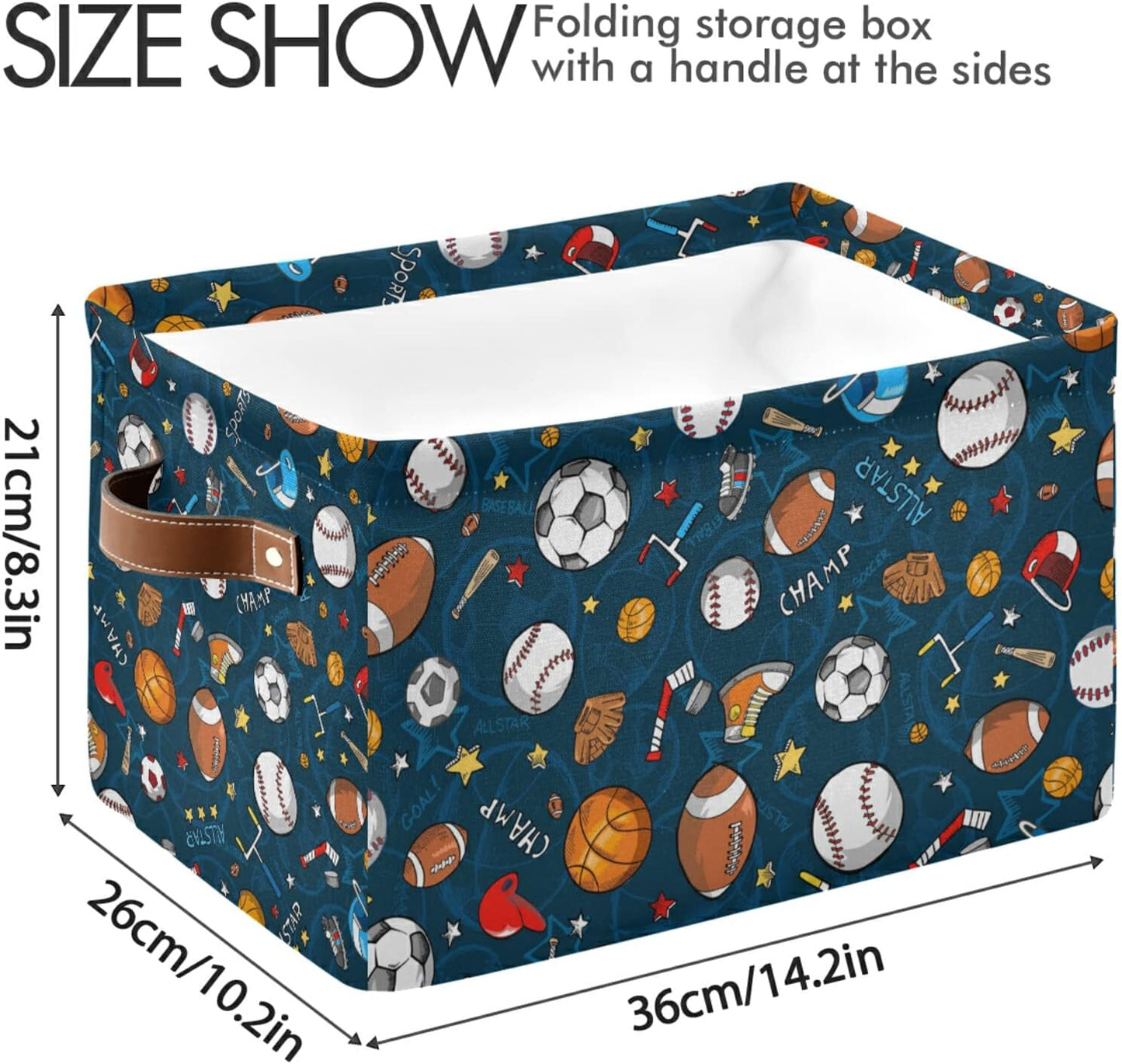 Sport Ball Baseball Basketball Storage Basket Bins, Football Soccer Decorative Baskets Storage Box Collapsible Storage Cubes Organizer with Handles for Nursery Shelf Closet Office Home