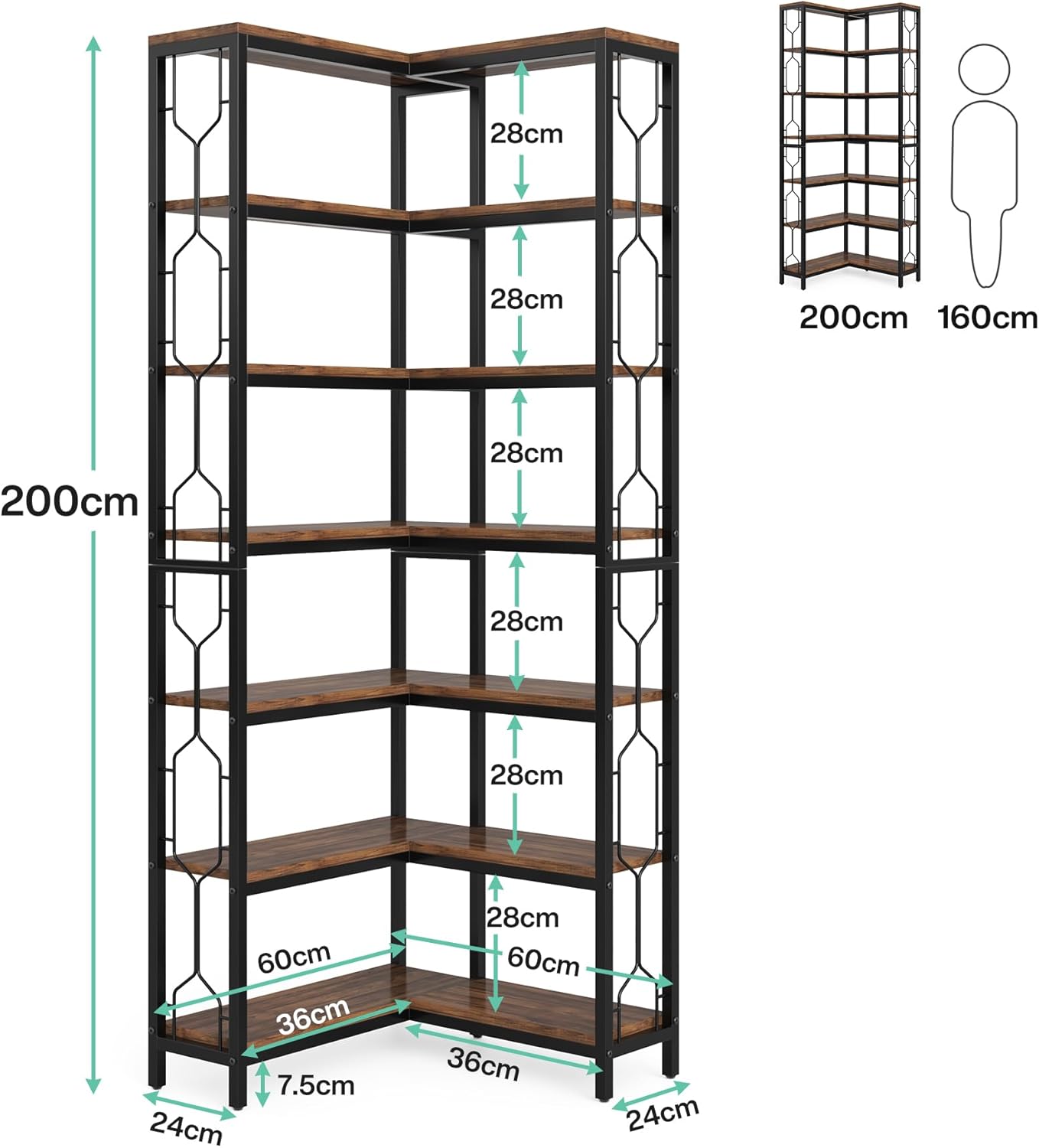 Tribesigns Corner Shelf, 7-Tier Industrial Corner Bookshelf, Wood and Metal Etagere Bookcase, Freestanding Display Shelf for Living Room, Kitchen, Home Office, Rustic Brown