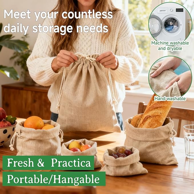 Simple&Opulence 12-Pack 8” x 10” Linen Cotton Drawstring Bags Reusable Grocery Sacks, DIY Craft Sachet Sacks Storage Cloth Bags for Party Wedding Home Bulk Produce Bags, Washable, Natual Linen