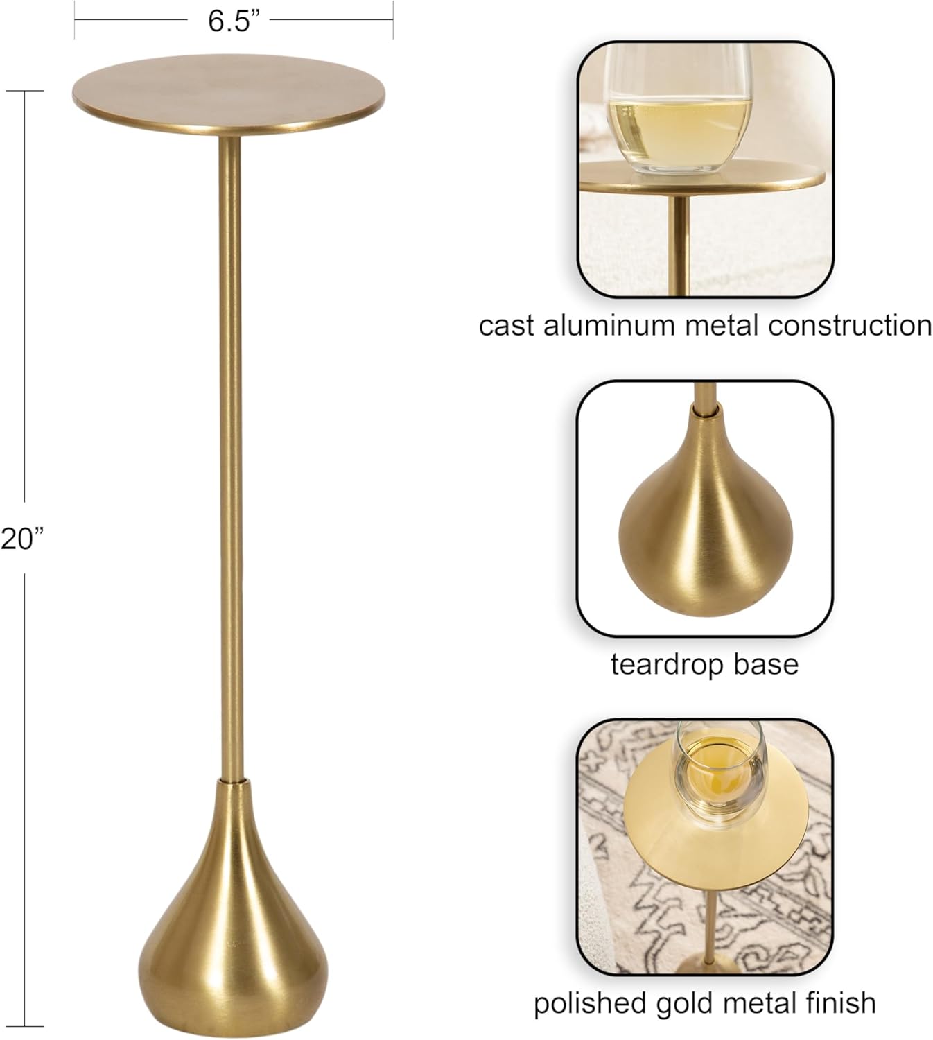 Kate and Laurel Hersi Decorative Modern Pedestal Drink Table; 7 x 7 x 20; Gold; Cast Aluminum Mini Table with Teardrop Base for Use as Small Plant Stand or Living Room Martini Table