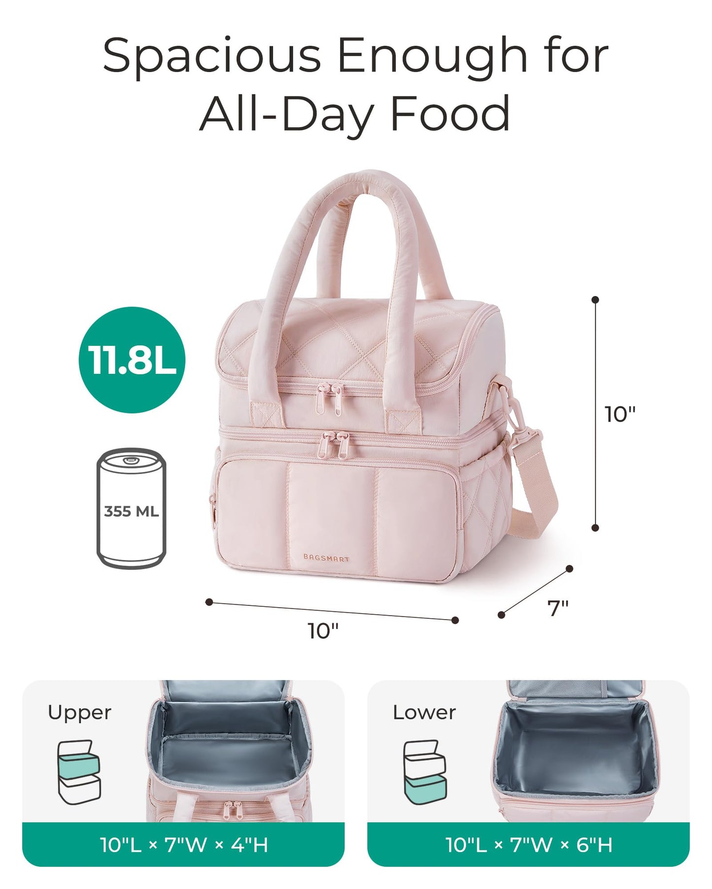 BAGSMART Lunch Bag Women, Double Deck Insulated Lunch Box, Quilted Puffer Lunch Tote, Leakproof, Durable & Reusable Large Lunch Cooler For Work Picnic Travel Meal Prep, Black