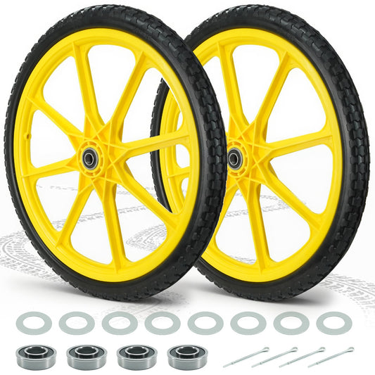 20” Flat Free Wheelbarrow Tires, 5/8” Extra 3/4”Bearing, with 2.45” Centered Hub, Replacement for Rubbermaid Wheelbarrow wheels, Garden Yard Cart, Big Wheel Utility Carts (Yellow, 2 pick)
