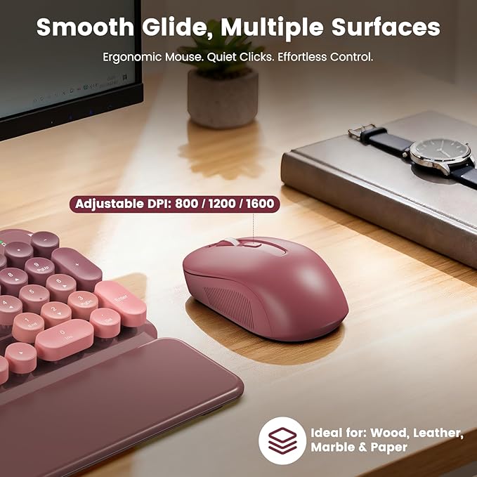 Wireless Keyboard and Mouse Combo, Cute Retro Typewriter Keyboard with Round Keycaps, Full-Size Aesthetic Keyboard with Magnetic Wrist Rest, 2.4GHz USB for Windows/Mac Desktop Laptop (Pink Gradient)