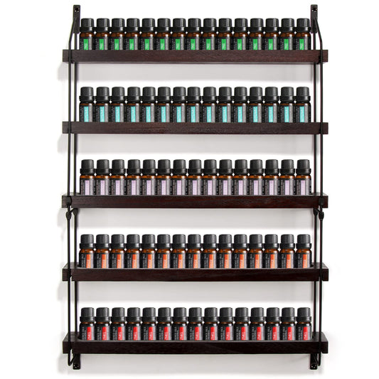 THYGIFTREE Essential Oil Storage Shelf Wall Mounted 16.9" Wooden Essential Oil Collection Display Rack Organizer 5 Tiers Holds 75 Bottles, Nail Polish Holder Paint Organizer