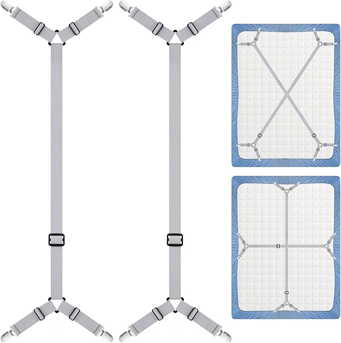 Morcheiong 2 Pack Bed Sheet Fasteners Straps Adjustable Bed Sheet Holder Bands with Sheet Clips for Bedding Stays Bedsheet Tie Downs - Grey
