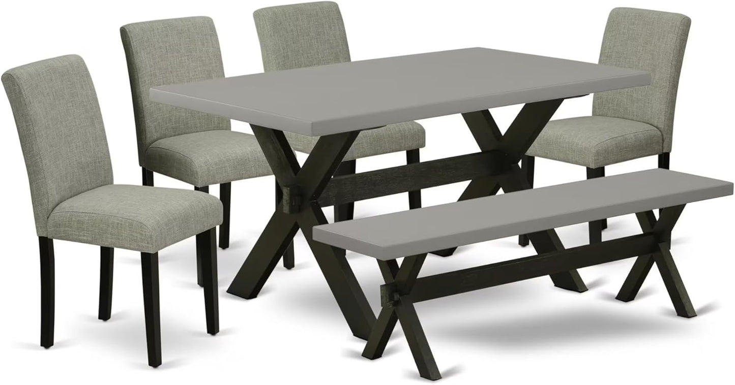 East West Furniture X696AB106-6 6 Piece Dining Room Set Contains a Rectangle Dining Table with X-Legs and 4 Shitake Linen Fabric Parson Chairs with a Bench, 36x60 Inch, Multi-Color