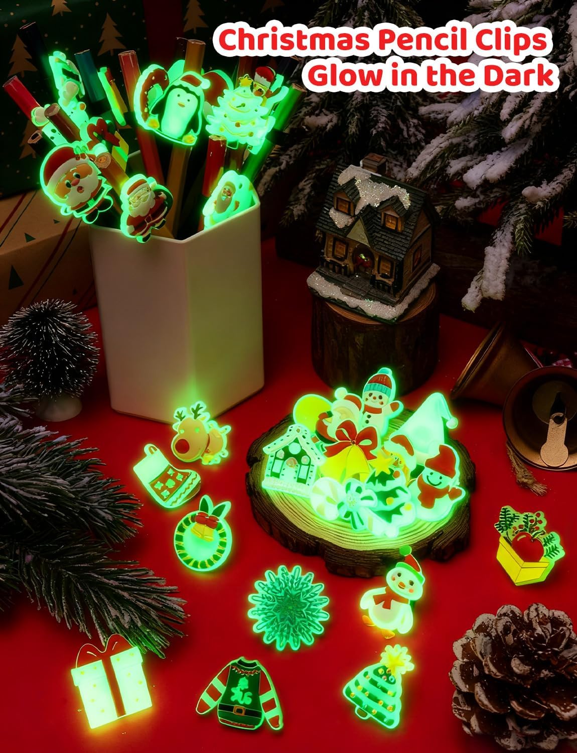 WDAHDHP Christmas Glow in the Dark Pencil Clips, 100Pcs Cute Luminous Pencil Charms Topper for Kids Students School Gifts Classroom Rewards