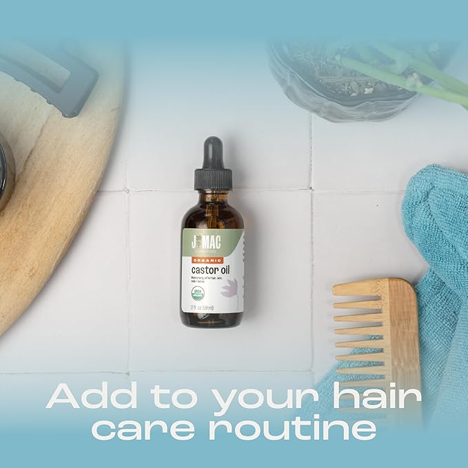 J MAC BOTANICALS Organic Castor Oil, 100% Pure (2oz Glass Bottle with dropper) - For Eyelashes, Eyebrows, Hair & Skin
