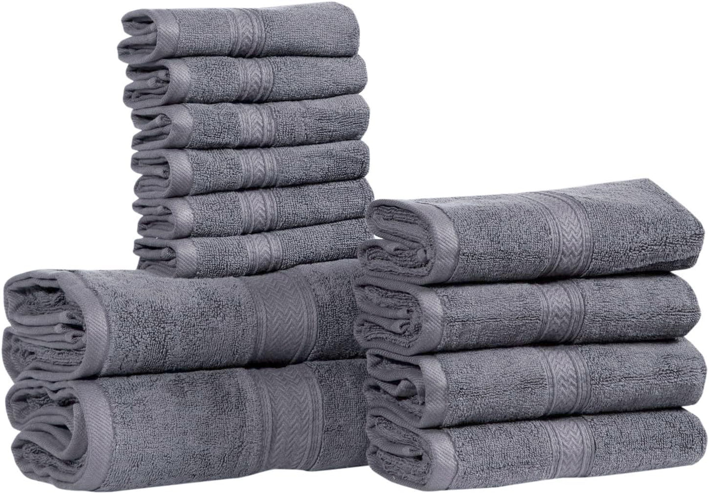 Hillfair 12 piece 600 GSM Cotton Bath Towels - Hotel Spa Quality - 2 Bath, 4 Hand, 6 Washcloths - Absorbent Super Soft Grey Cotton Set