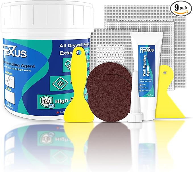 Drywall Repair Kit – 120g Tube + 240g Putty Jar with 2 × 2″ & 4 × 4″ Wall Patch Mesh, Dual Scrapers & 2 × P180 Sandpapers | Fast-Dry Spackle & Sheetrock Crack Filler for Wall, Ceiling, Plaster Repair