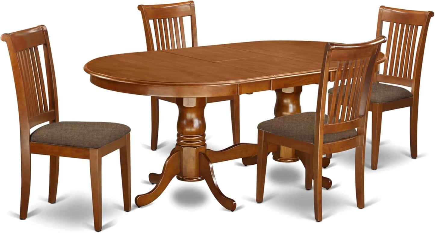 East West Furniture PLPO5-SBR-C 5 Piece Kitchen Table Set for 4 Includes an Oval Dining Room Table with Butterfly Leaf and 4 Linen Fabric Upholstered Chairs, 42x78 Inch, Saddle Brown