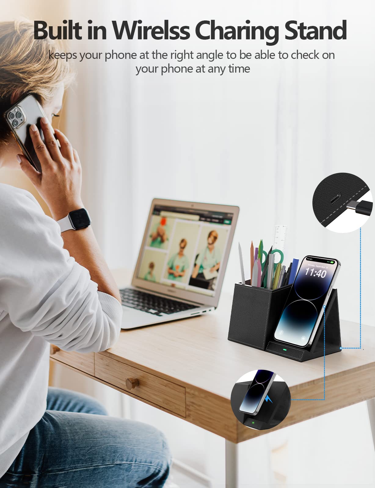 2-In-1 Pen Holder With Wireless Charger, Compatible With Iphone 16/15/14/13/12/11/8 Series, Pencil Holder Phone Stand For Desk H