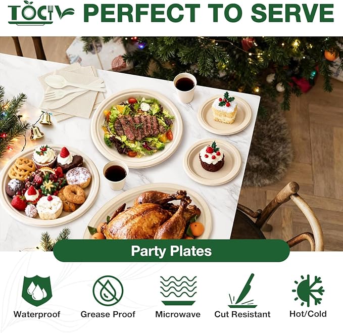 350PCS Compostable Paper Plates and Napkins Cups 10 & 7 Inch Disposable Heavy Duty Dinner Dessert Sturdy Plates and Utensils (Serve 50) Party Supplies Eco-friendly Dinnerware Set for Birthday Holiday