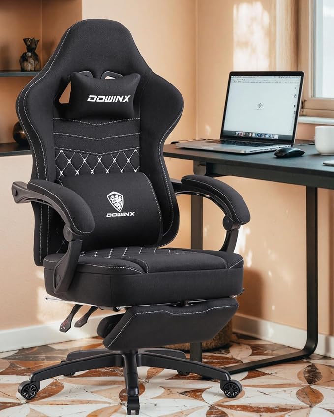 Dowinx Gaming Chair with Footrest, Breathable Fabric Gamer Chair with Gel Pad and Storage Bag, Ergonomic Office Chair with Lumbar Support for Home Task, Black