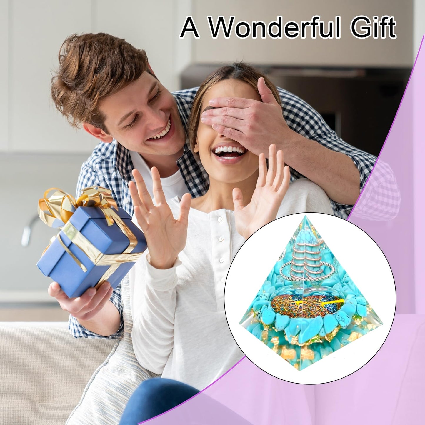Saefheled Crystal Column Orgone Pyramid Energy Generator,Natural Turquoise&Blue pine stone Orgonite Crystal Healing Pyramid,for Reduce Stress, Balance Chakra,Meditation Attract Luck,Wealth Health(6cm)