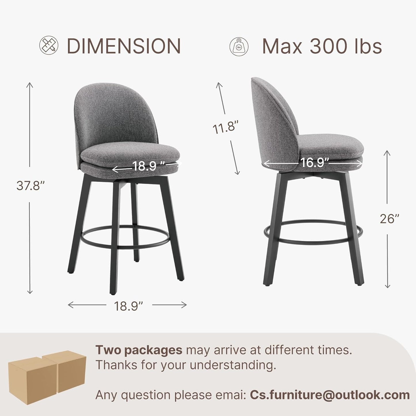 Counter Height Barstools 26 inch Upholstered Swivel Bar Stools with Back and Wood Legs for Kitchen Island,Set of 3,Dark Grey Fabric-Armless