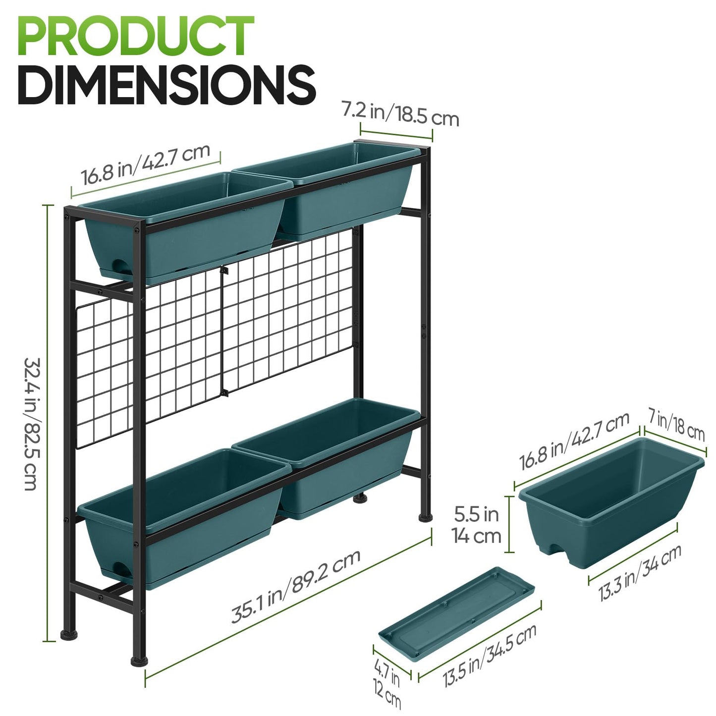 CADUKE Raised Planter Box with Legs, 32" Elevated Vegetable Garden Beds, Raised Garden Bed with Drainage Holes & Trellis, Herb Garden Planter Outdoor for Vegetables, Balcony, Patio, Green