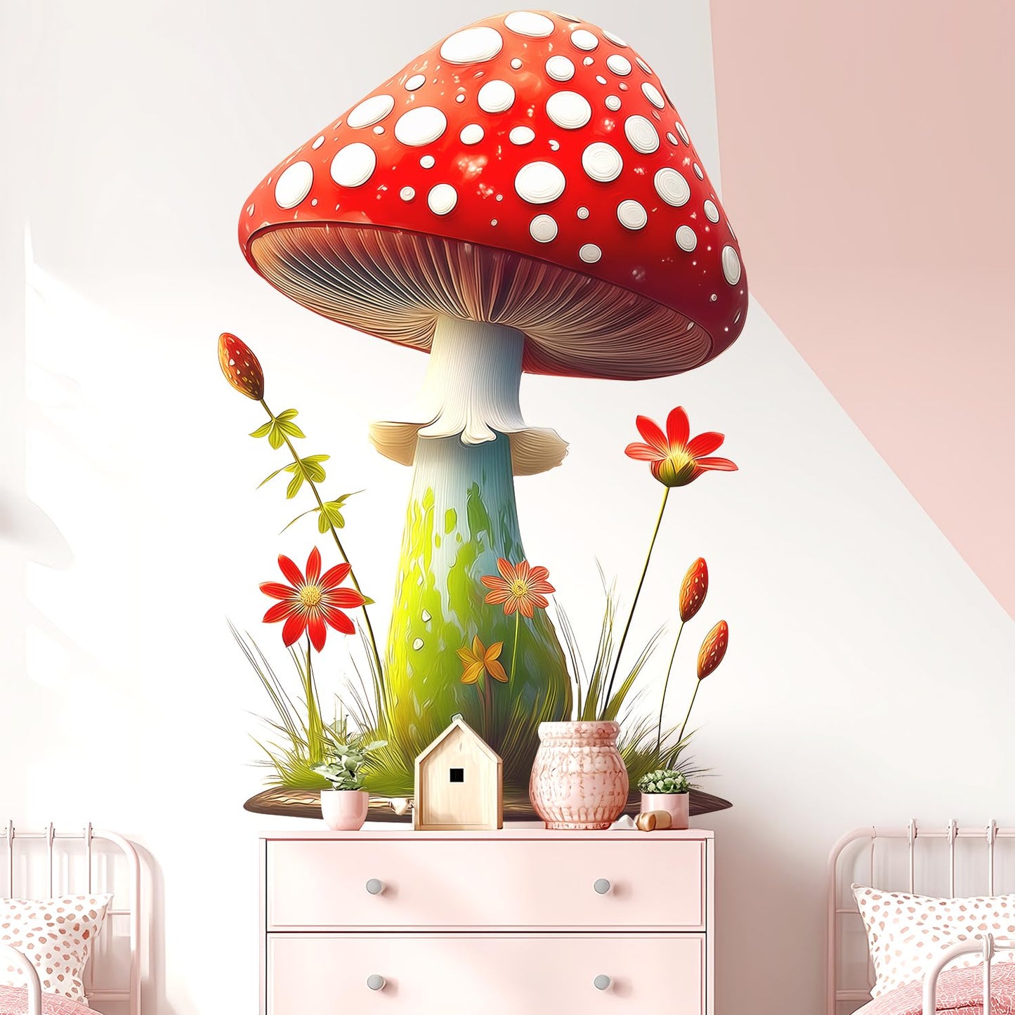 Cute Red Mushroom Wall Decals with Flowers and Grass, Peel and Stick Wall Stickers for Kids Room Nursery Baby Bedroom Playroom, Whimsical Forest Themed Wall Art Decor for Toddler Boys Girls