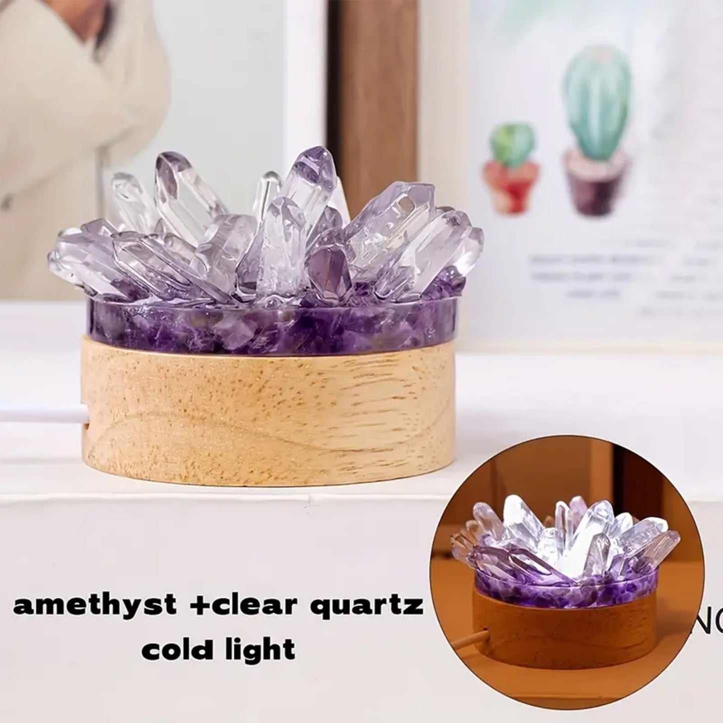Runyangshi Natural Crystal Night Lamp Bedroom Bedside Sleep Night Light Clear Healing Crystal + Amethyst Gemstone Quartz Ambient Light USB Powered Night Decoration Desktop Ornament for Home Decor Gift