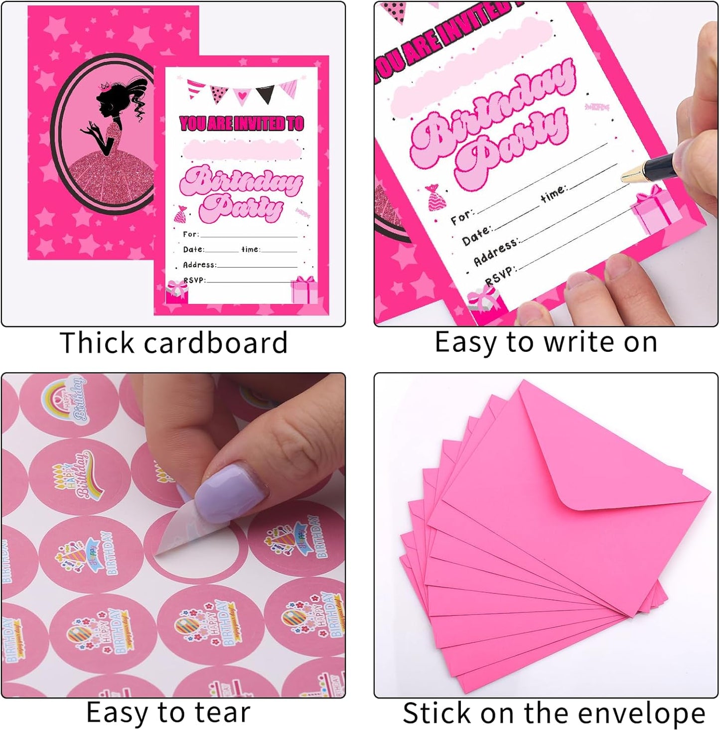 30 Pack Birthday Invitations Girl, Hot Pink Party Invitations for Girls with Envelopes and Sticker, Birthday Invites for Girls,Cute Birthday Party Invitations Cards for Kids, Party Decorations Supplies for Baby Shower Birthday Party