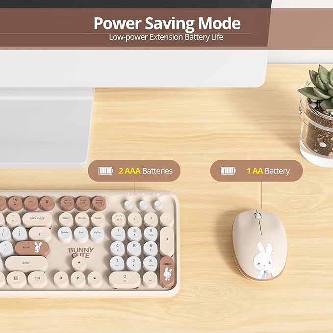 Owpkeenthy Cute Beige Keyboard and Mouse Wireless, Colorful Keyboard Retro Typewriter Style Full-Sized with Number Pad Round Keys for Desktop, Laptop and Computerr (Bunny Beige)